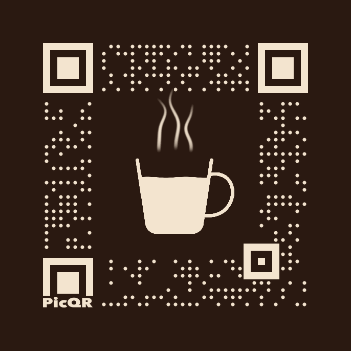 A cream coffee cup and QR pattern on a deep brown background.