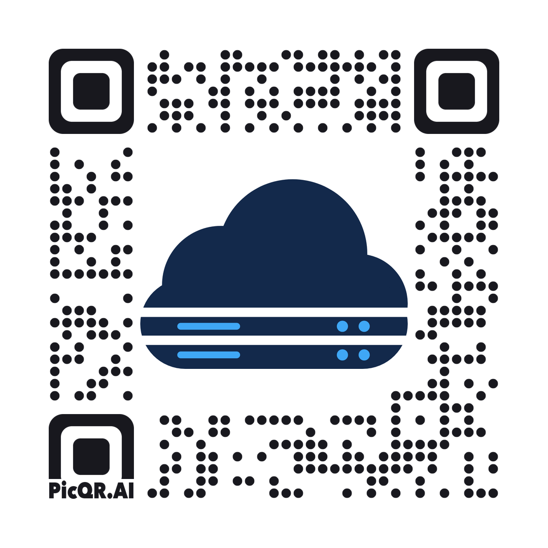 QR code featuring a navy cloud and server logo