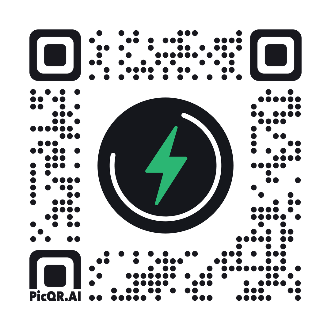 QR code featuring a green lightning bolt in a black circle