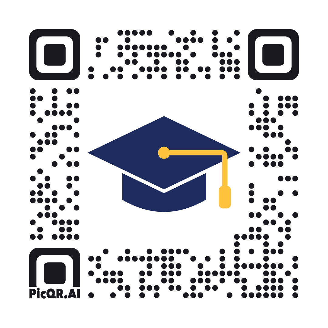 QR code featuring a navy graduation cap with a gold tassel