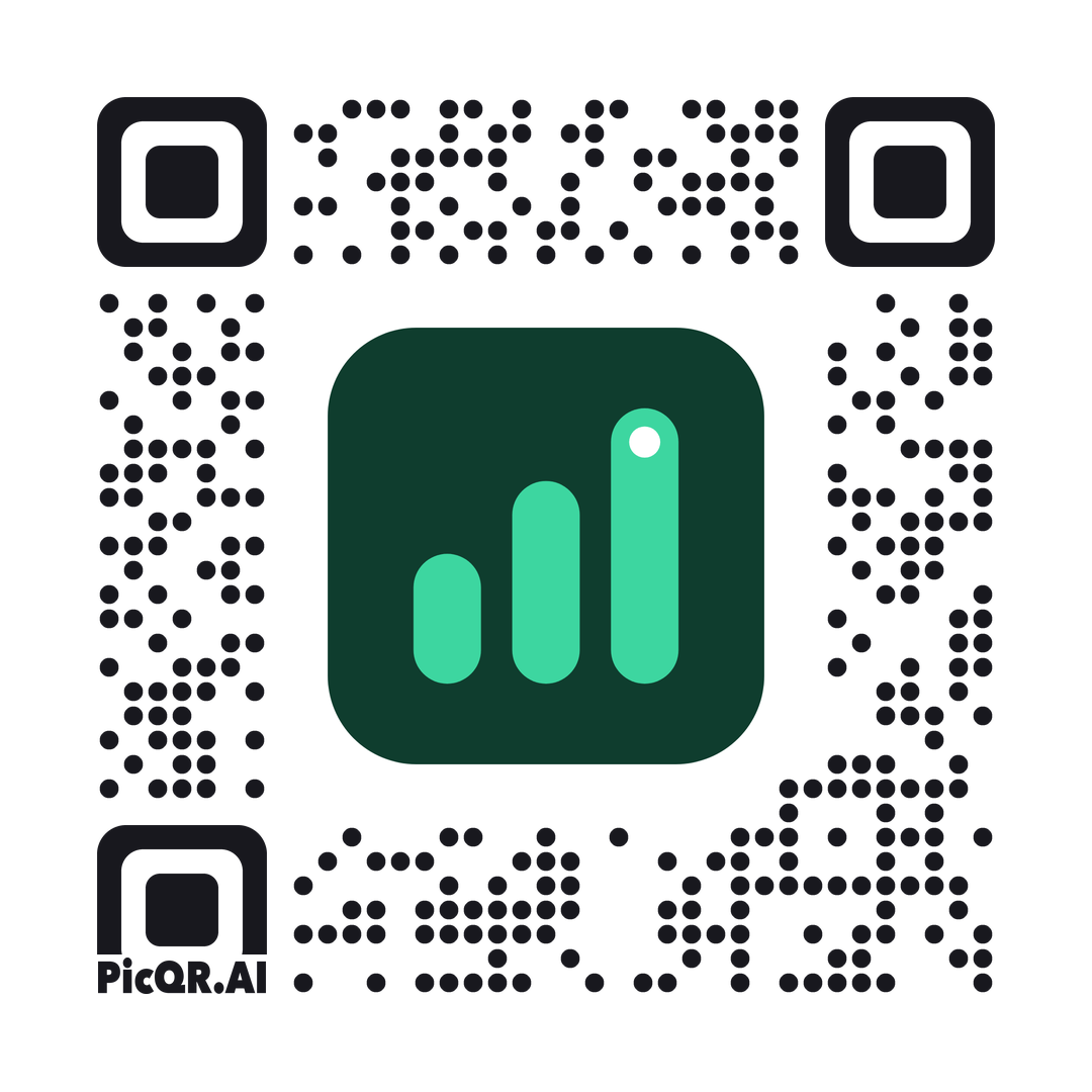 QR code featuring mint growth bars on a dark green square