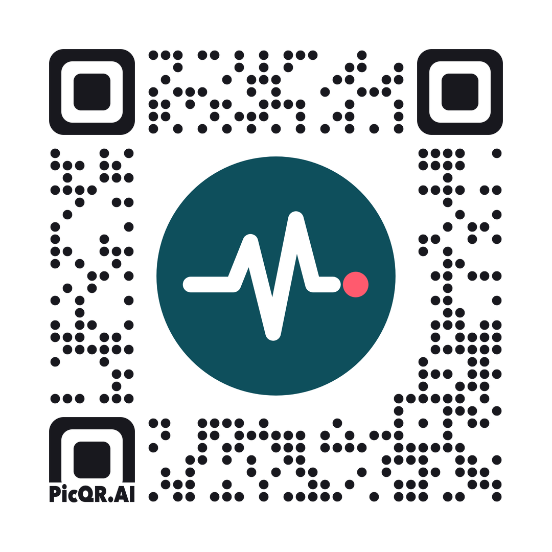 QR code featuring a white pulse line on a teal circle