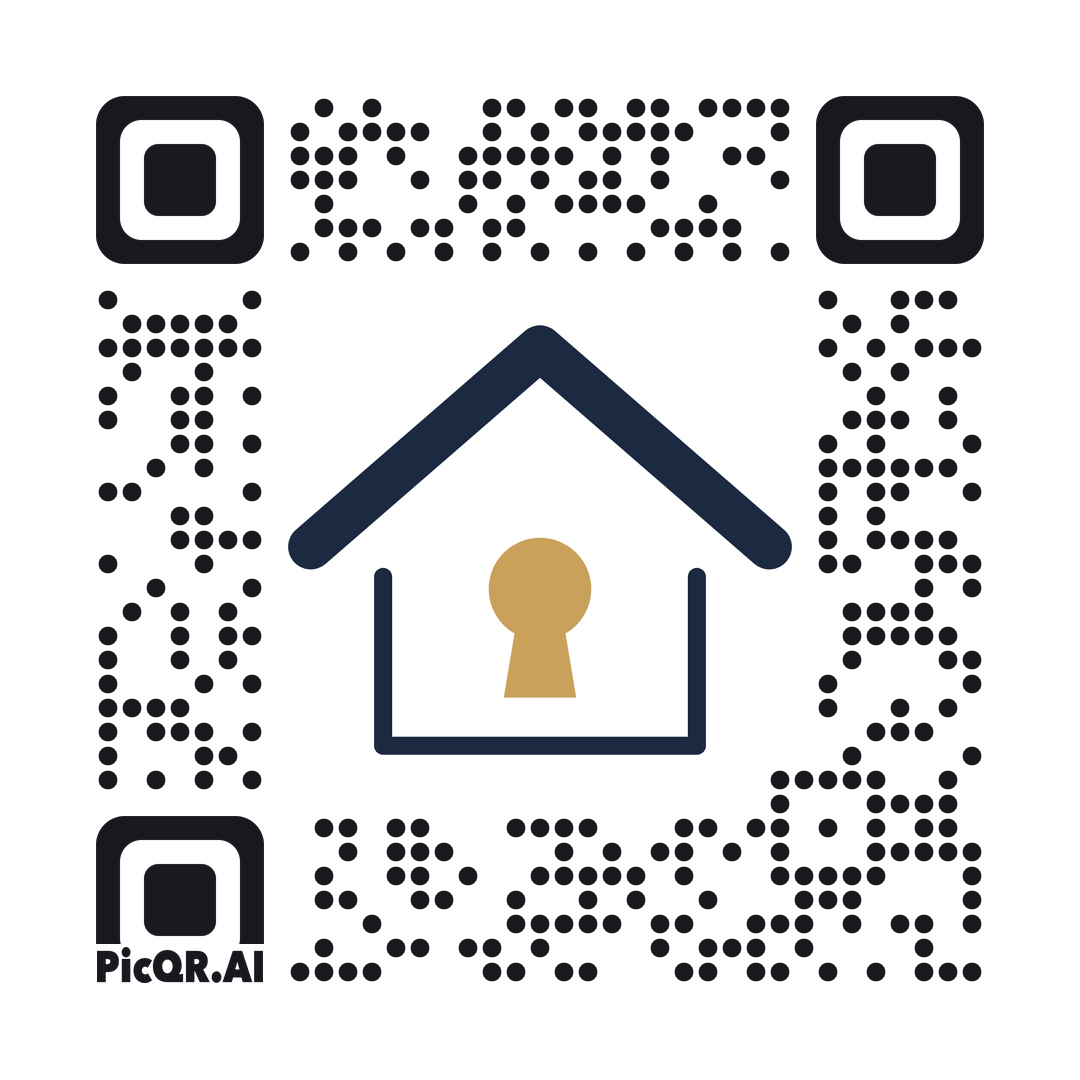 QR code featuring a navy house outline and gold keyhole