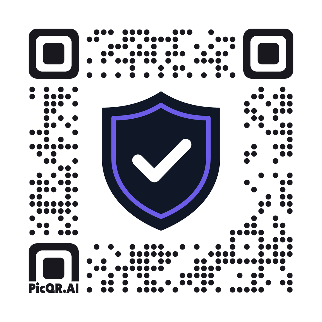 QR code featuring a navy and purple shield with a white check mark