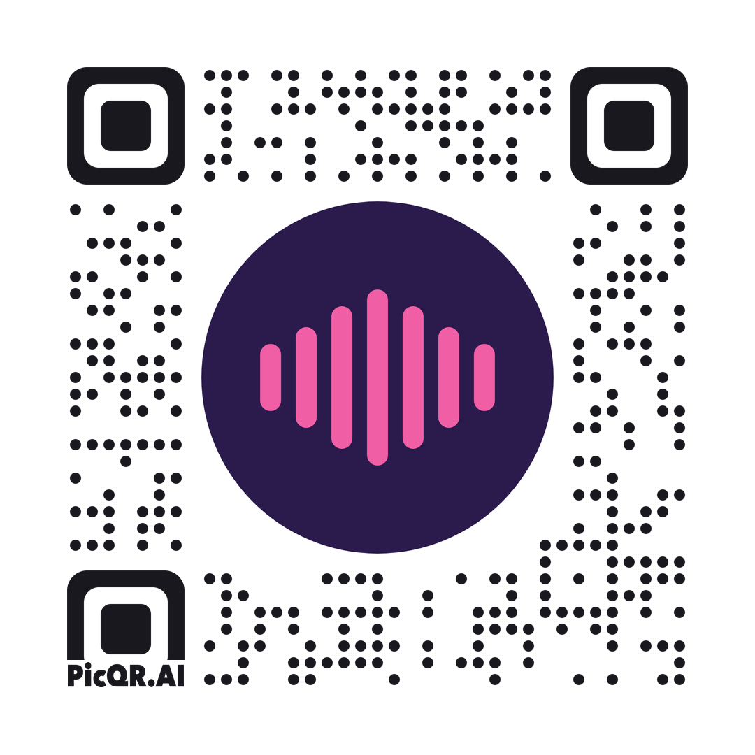 QR code featuring a pink waveform on a purple circle