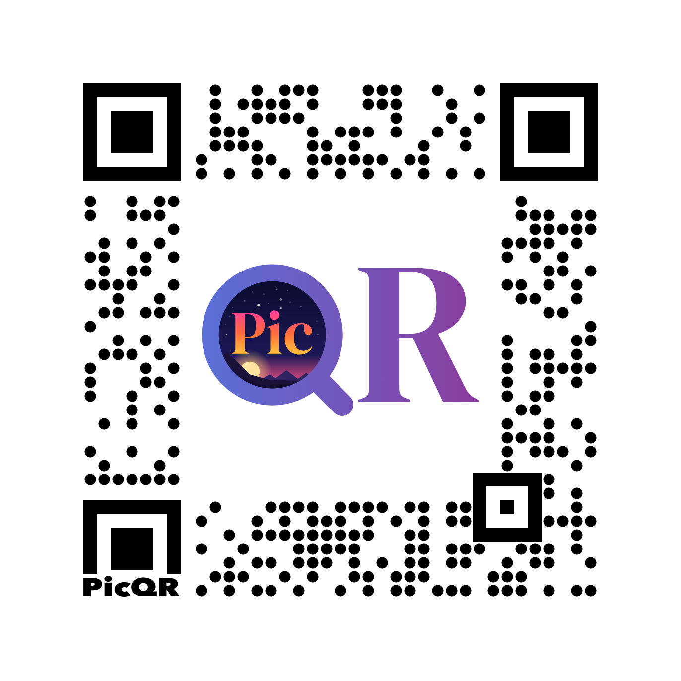 The PicQR logo in a QR code with an animated reveal between light and dark